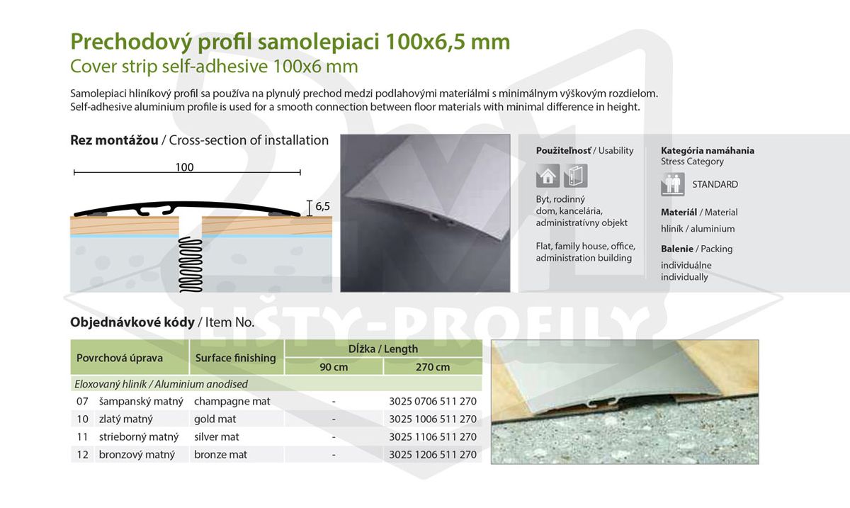 Technický výkres Eurofinal 100x6,5 mm | Prechodový profil samolepiaci