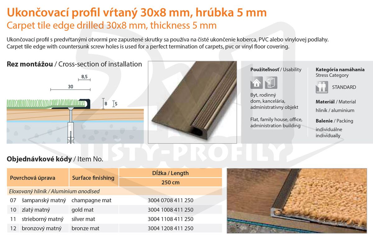 Technický výkres Eurofinal 30x8x5 mm | Ukončovací profil vŕtaný