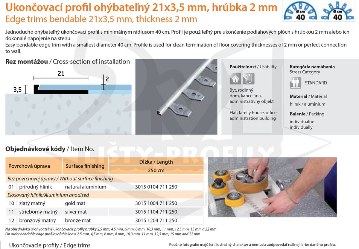 Technický výkres Eurofinal 21x3,5x2 mm | Ukončovací profil ohýbateľný