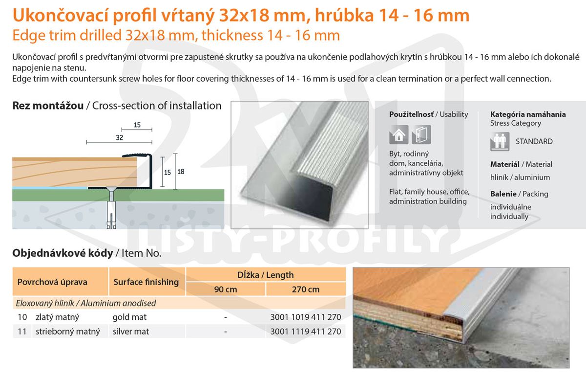 Technický výkres Eurofinal 32x18x14-16 mm | Ukončovací profil vŕtaný