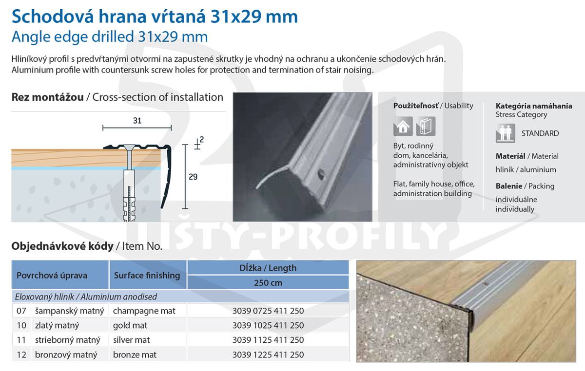 Technický výkres Eurofinal 31x29 mm | Schodová hrana vŕtaná