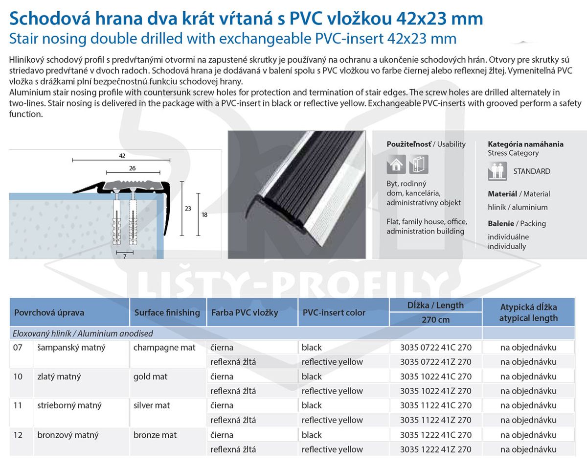 Technický výkres Eurofinal 42x23 mm | Schodová hrana dva krát vŕtaná s PVC vložkou