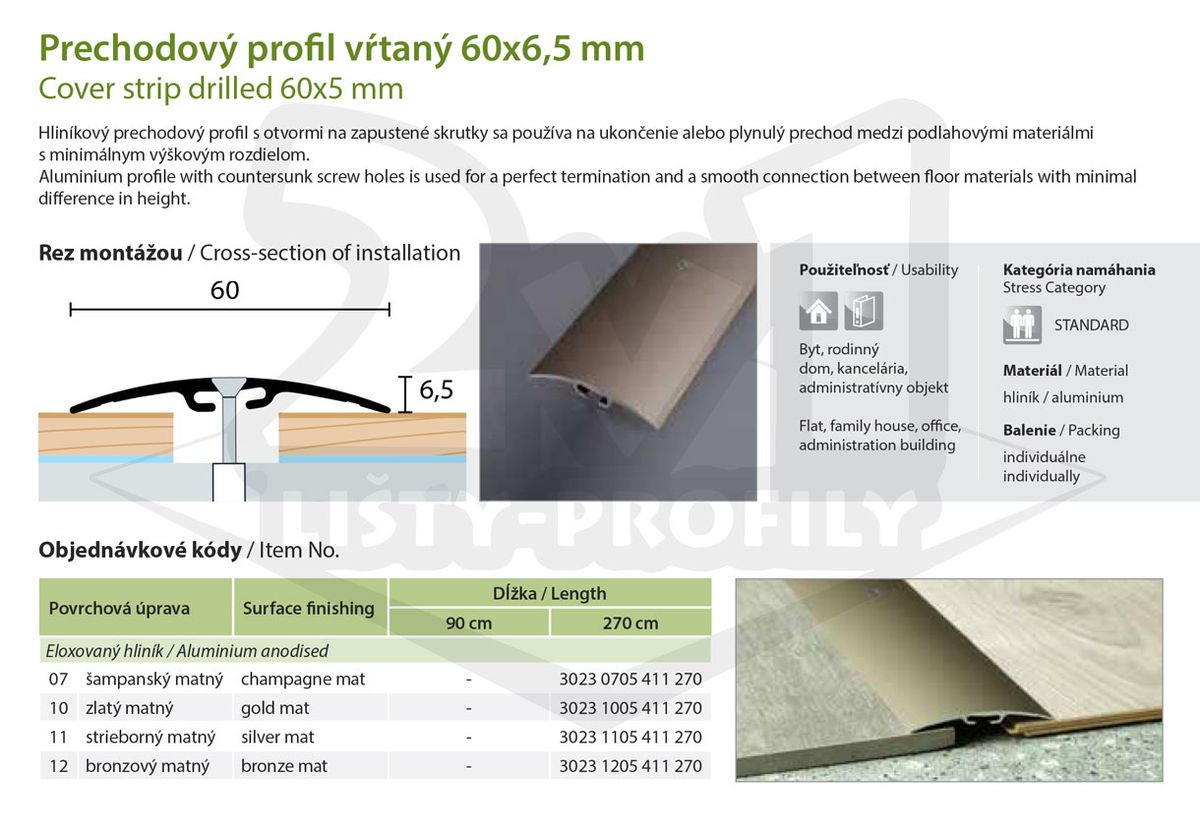 Technický výkres Eurofinal 60x6,5 mm | Prechodový profil vŕtaný