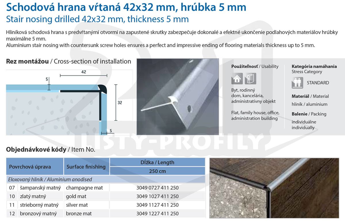 Technický výkres Eurofinal 42x32x5 mm | Schodová hrana vŕtaná
