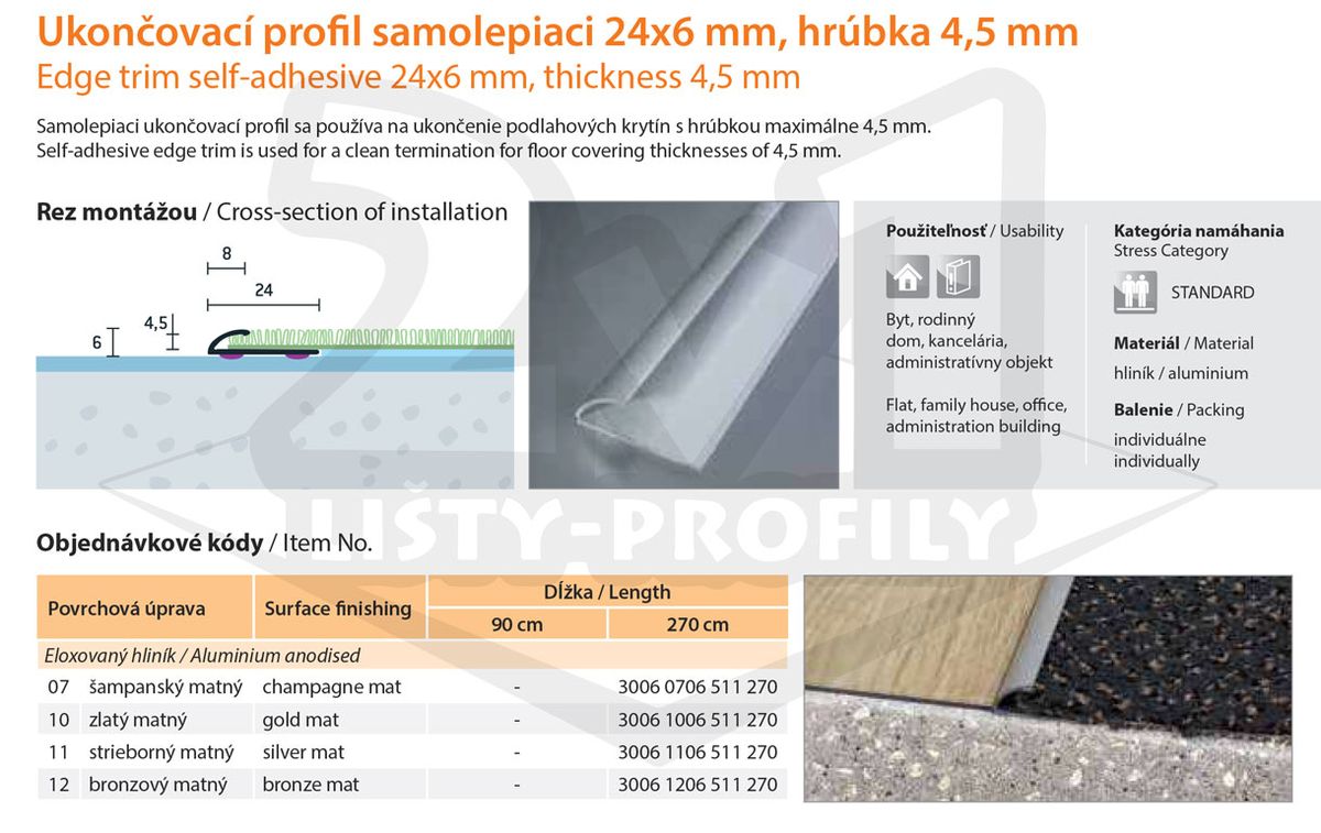 Technický výkres Eurofinal 24x6x4,5 mm | Ukončovací profil samolepiaci