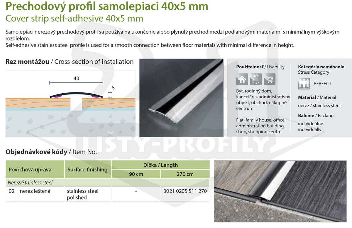 Technický výkres Eurofinal 40x5 mm | Prechodový profil samolepiaci - nerez leštená