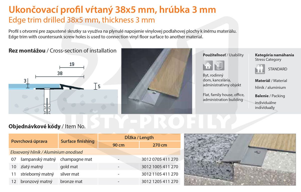 Technický výkres Eurofinal 38x5x3 mm | Ukončovací profil vŕtaný