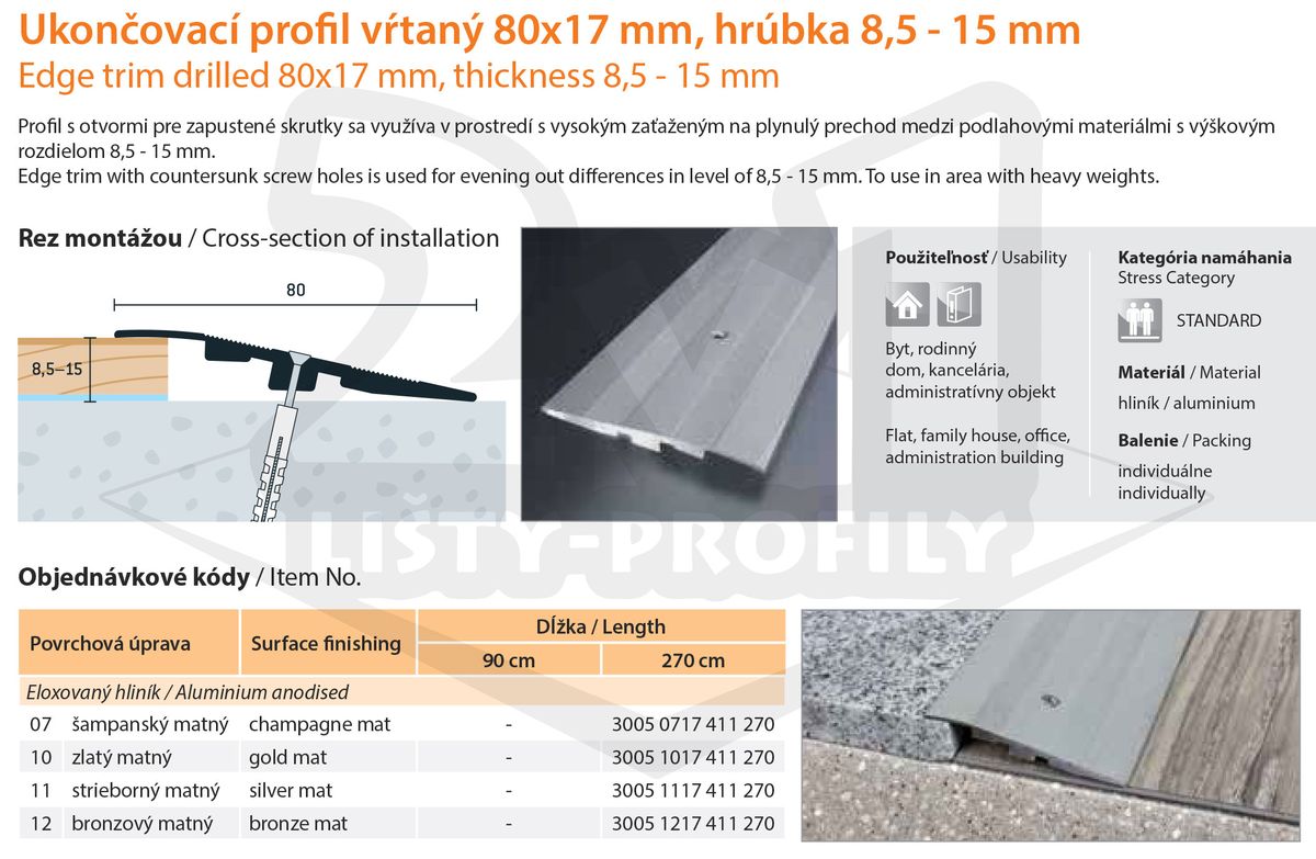 Technický výkres Eurofinal 80x17x8,5-15 mm | Ukončovací profil vŕtaný