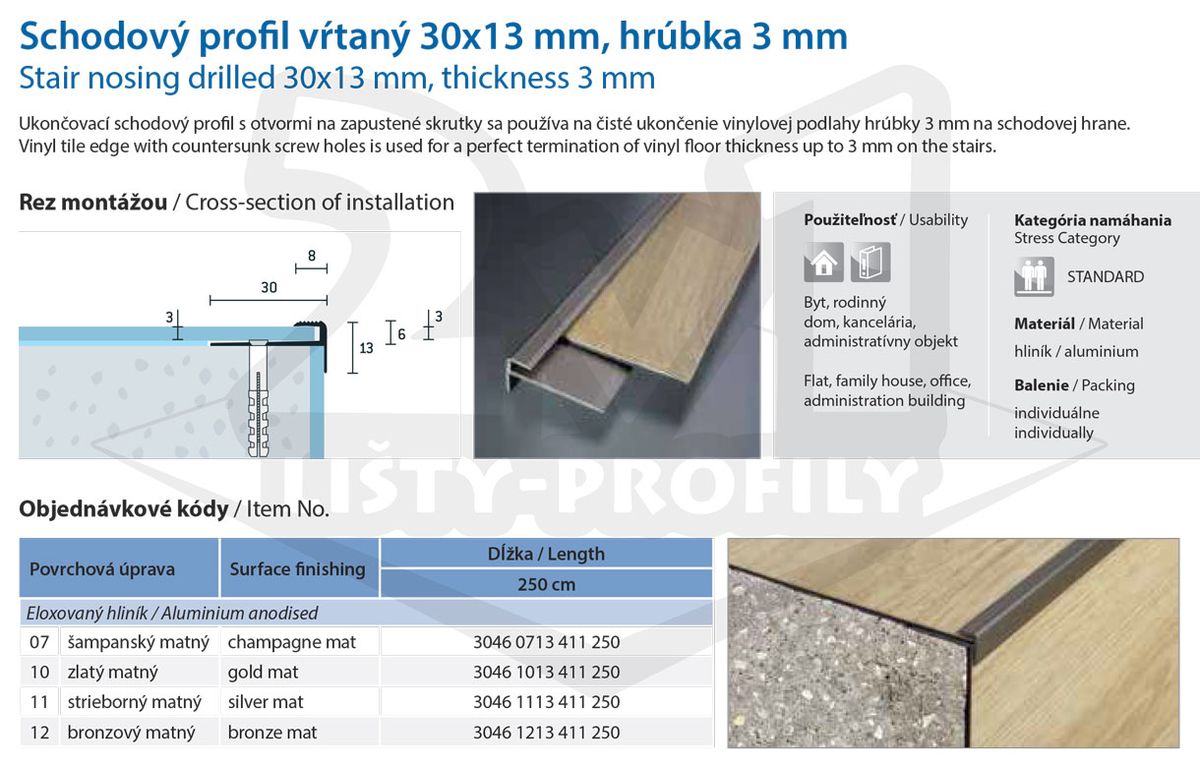 Technický výkres Eurofinal 30x13x3 mm | Schodový profil vŕtaný