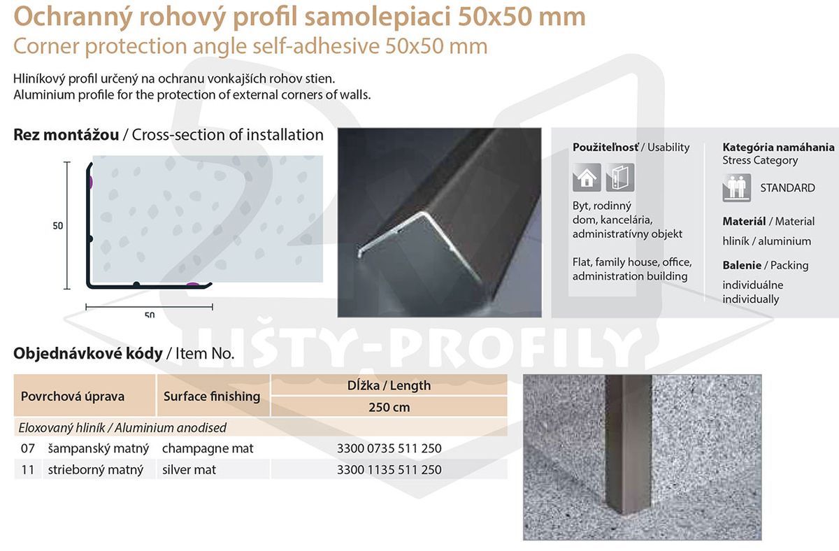 Technický výkres Eurofinal 50x50 mm | Ochranný rohový profil samolepiaci