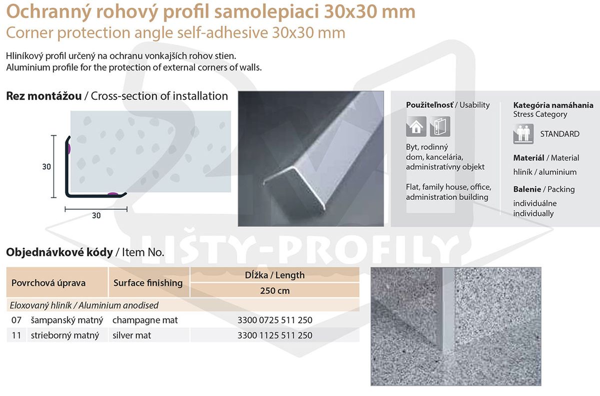Technický výkres Eurofinal 30x30 mm | Ochranný rohový profil samolepiaci
