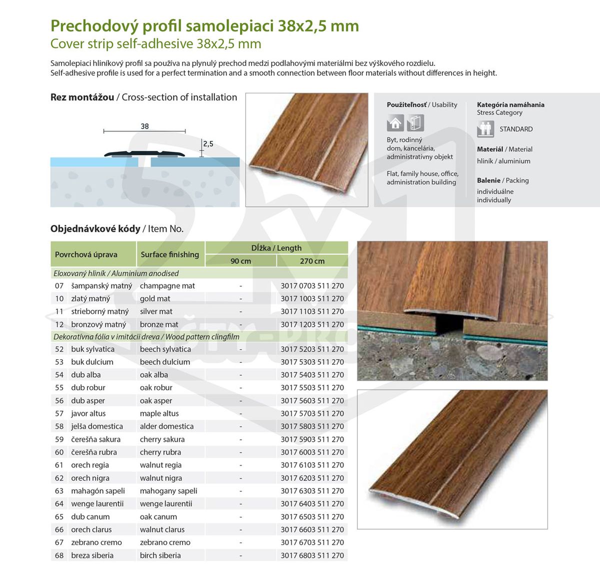 Technický výkres Eurofinal 38x2,5 mm | Prechodový profil samolepiaci