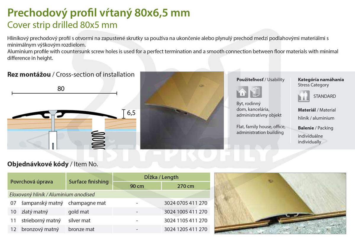 Technický výkres Eurofinal 80x6,5 mm | Prechodový profil vŕtaný