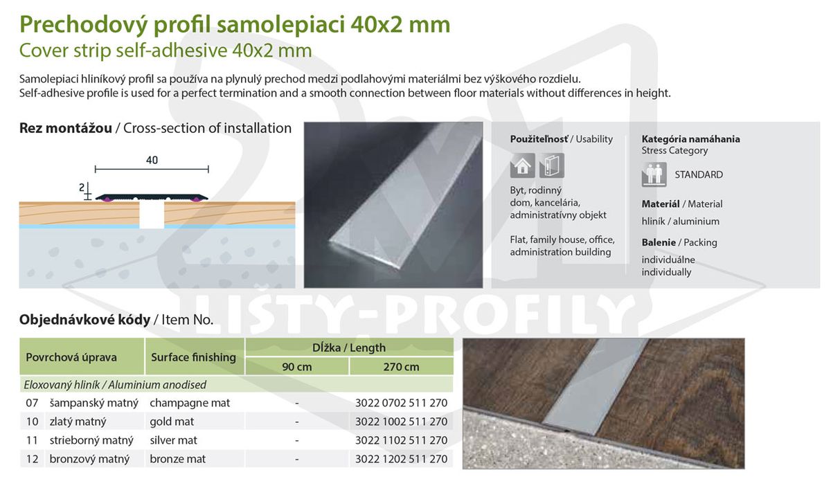 Technický výkres Eurofinal 40x2 mm | Prechodový profil samolepiaci
