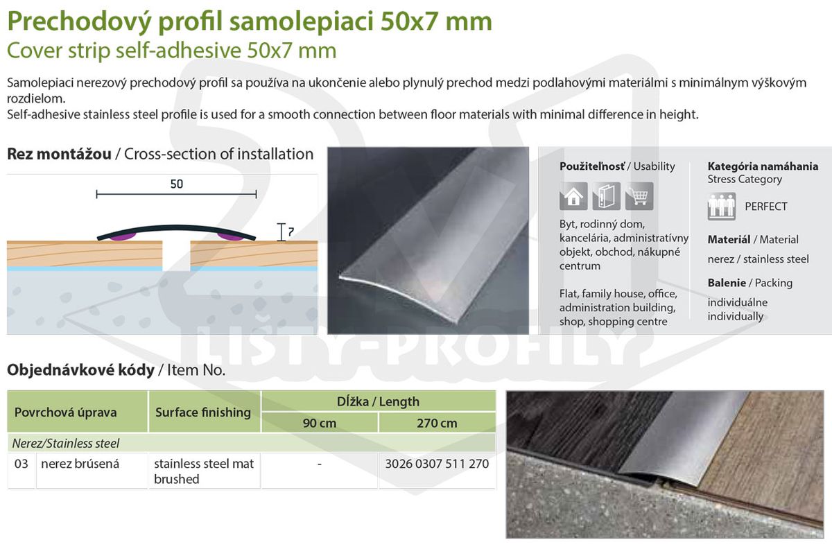 Technický výkres Eurofinal 50x7 mm | Prechodový profil samolepiaci - nerez brúsená