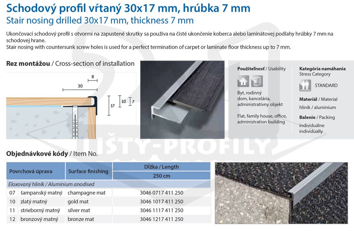 Technický výkres Eurofinal 30x17x7 mm | Schodový profil vŕtaný