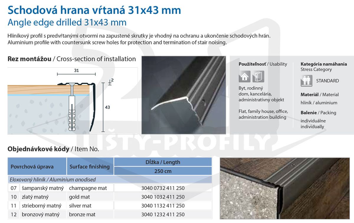 Technický výkres Eurofinal 31x43 mm | Schodová hrana vŕtaná
