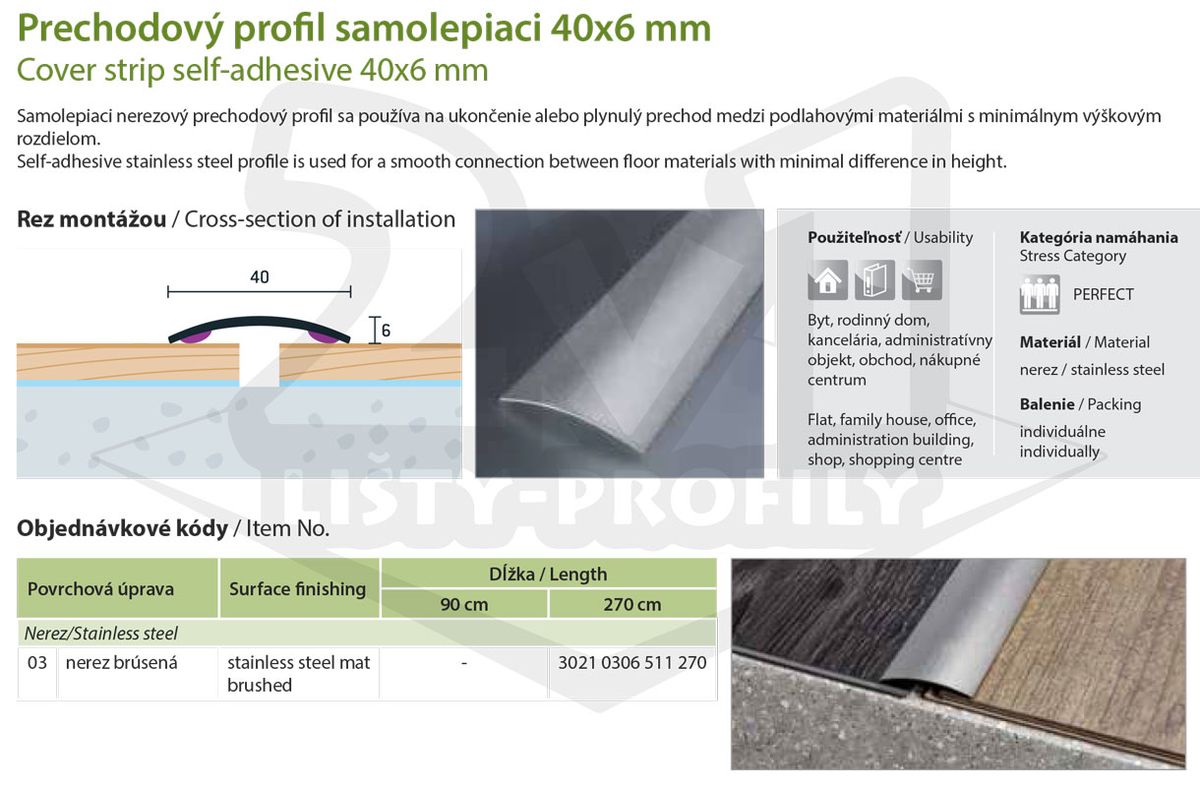 Technický výkres Eurofinal 40x6 mm | Prechodový profil samolepiaci - nerez brúsená