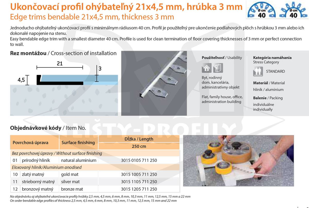 Technický výkres Eurofinal 21x4,5x3 mm | Ukončovací profil ohýbateľný