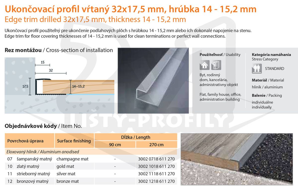 Technický výkres Eurofinal 32x17,5x14-15,2 mm | Ukončovací profil použiteľný pre ukončenie podláh