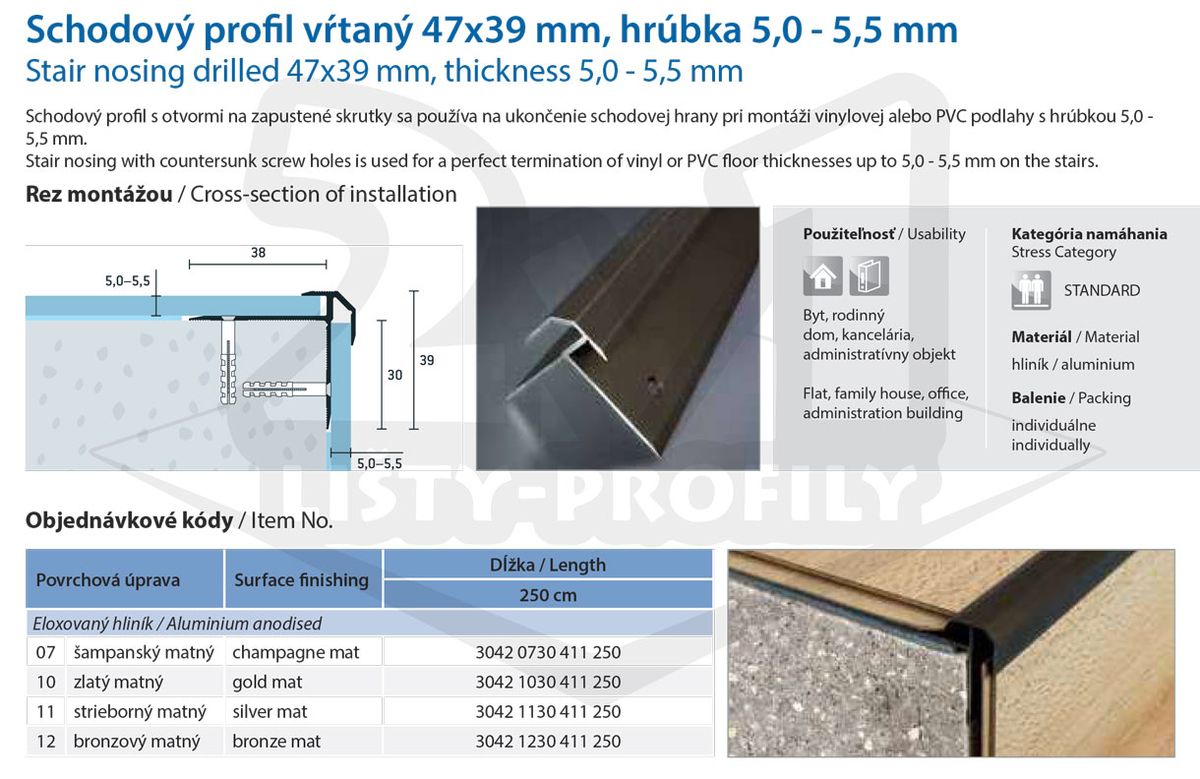Technický výkres Eurofinal 47x39x5-5,5 mm | Schodový profil vŕtaný