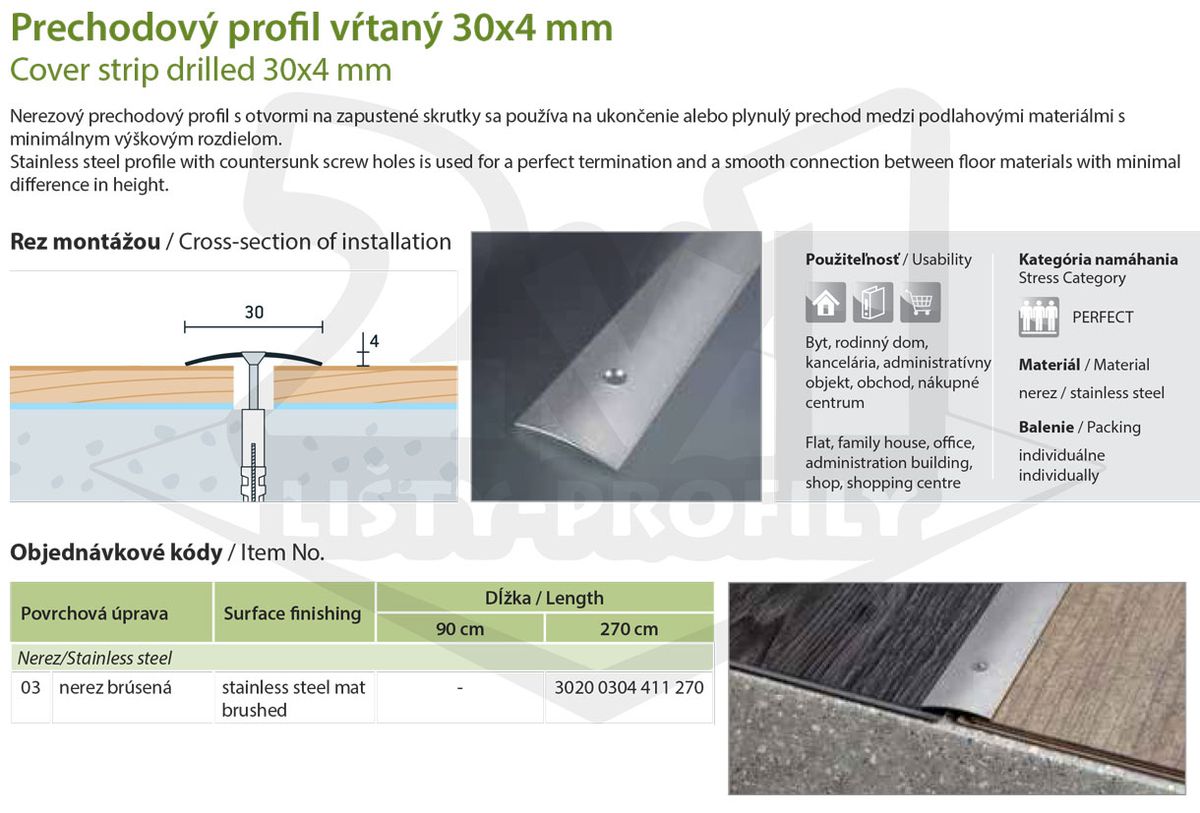 Technický výkres Eurofinal 30x4 mm | Prechodový profil vŕtaný - nerez brúsená