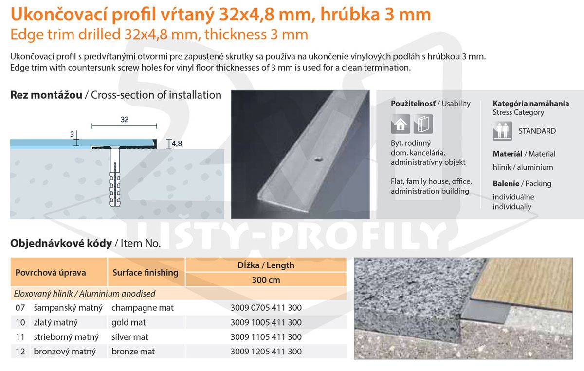 Technický výkres Eurofinal 32x4,8x3 mm | Ukončovací profil vŕtaný
