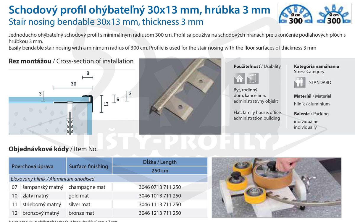 Technický výkres Eurofinal 30x13x3 mm | Schodový profil ohýbateľný