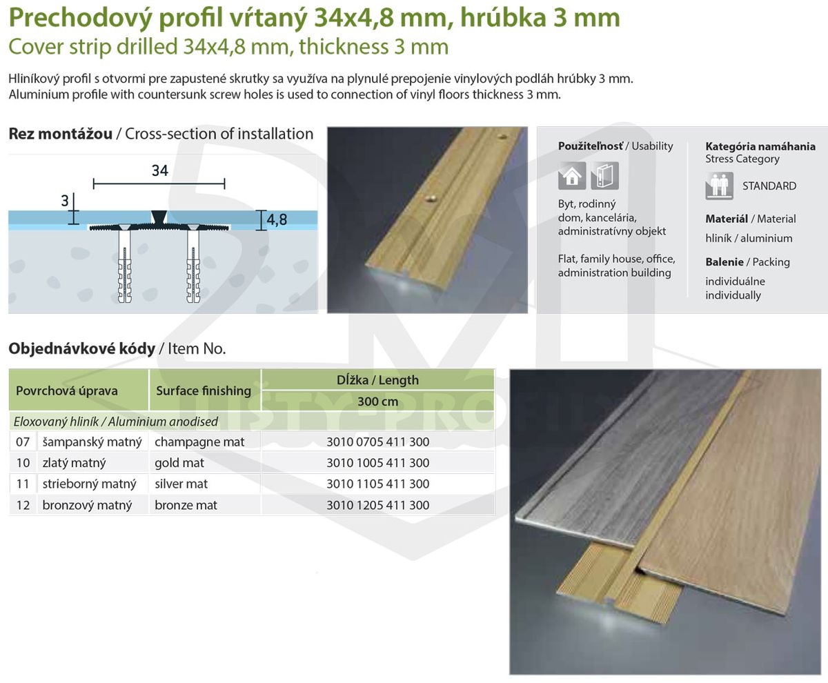 Technický výkres Eurofinal 34x4,8x3 mm | Prechodový profil vŕtaný špecifický