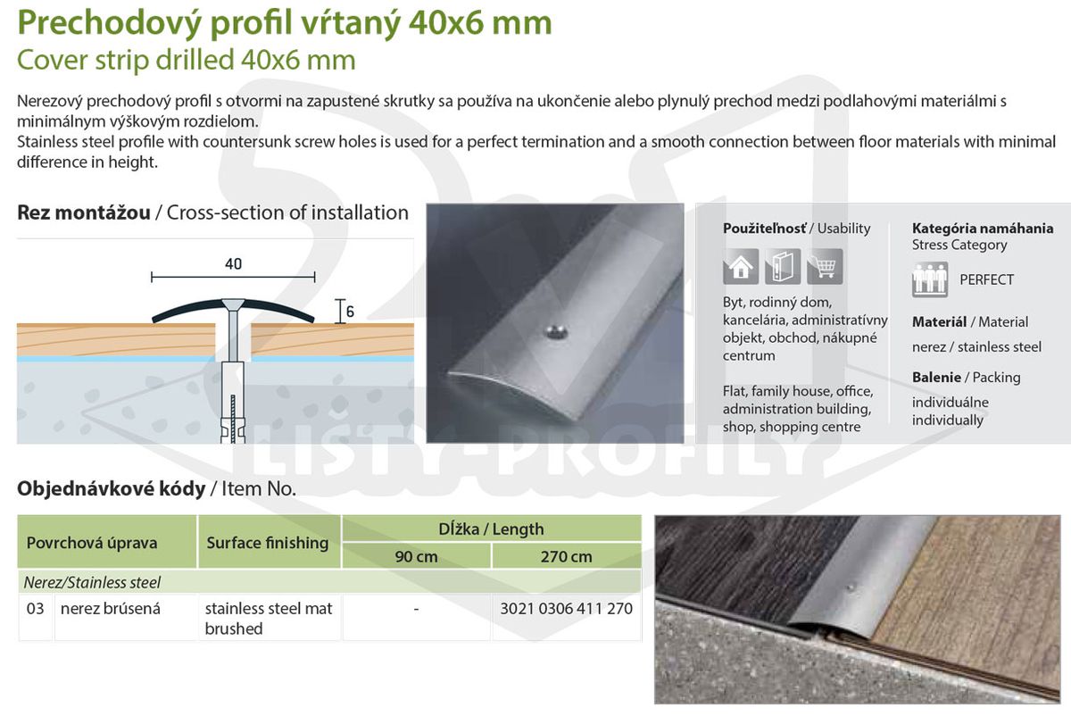 Technický výkres Eurofinal 40x6 mm | Prechodový profil vŕtaný - nerez brúsená