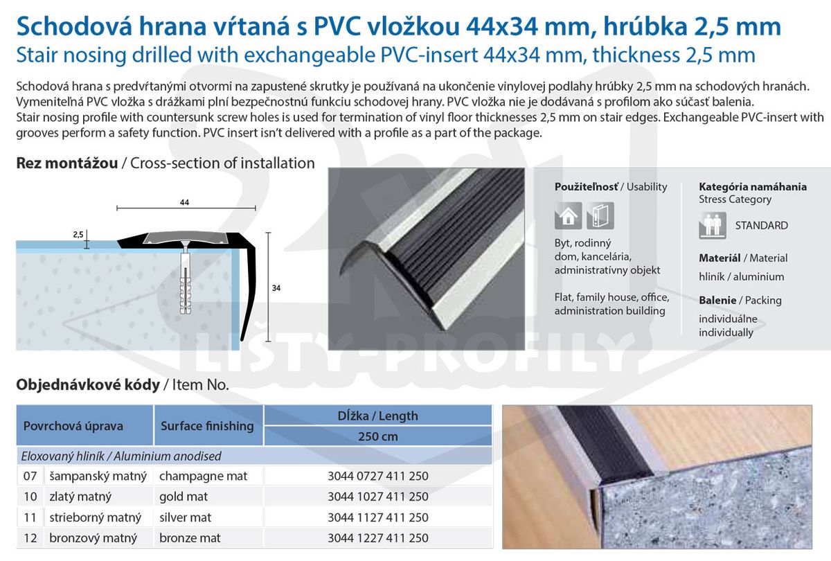Technický výkres Eurofinal 44x34x2,5 mm | Schodová hrana vŕtaná s PVC vložkou