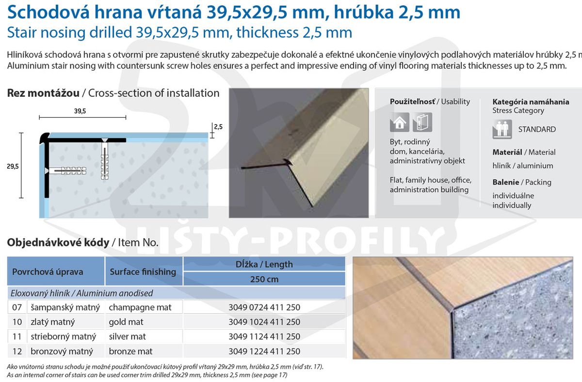 Technický výkres Eurofinal 39,5x29,5x2,5 mm | Schodová hrana vŕtaná