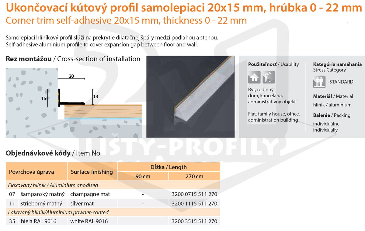 Technický výkres Eurofinal 20x15x0-22 mm | Ukončovací kútový profil samolepiaci