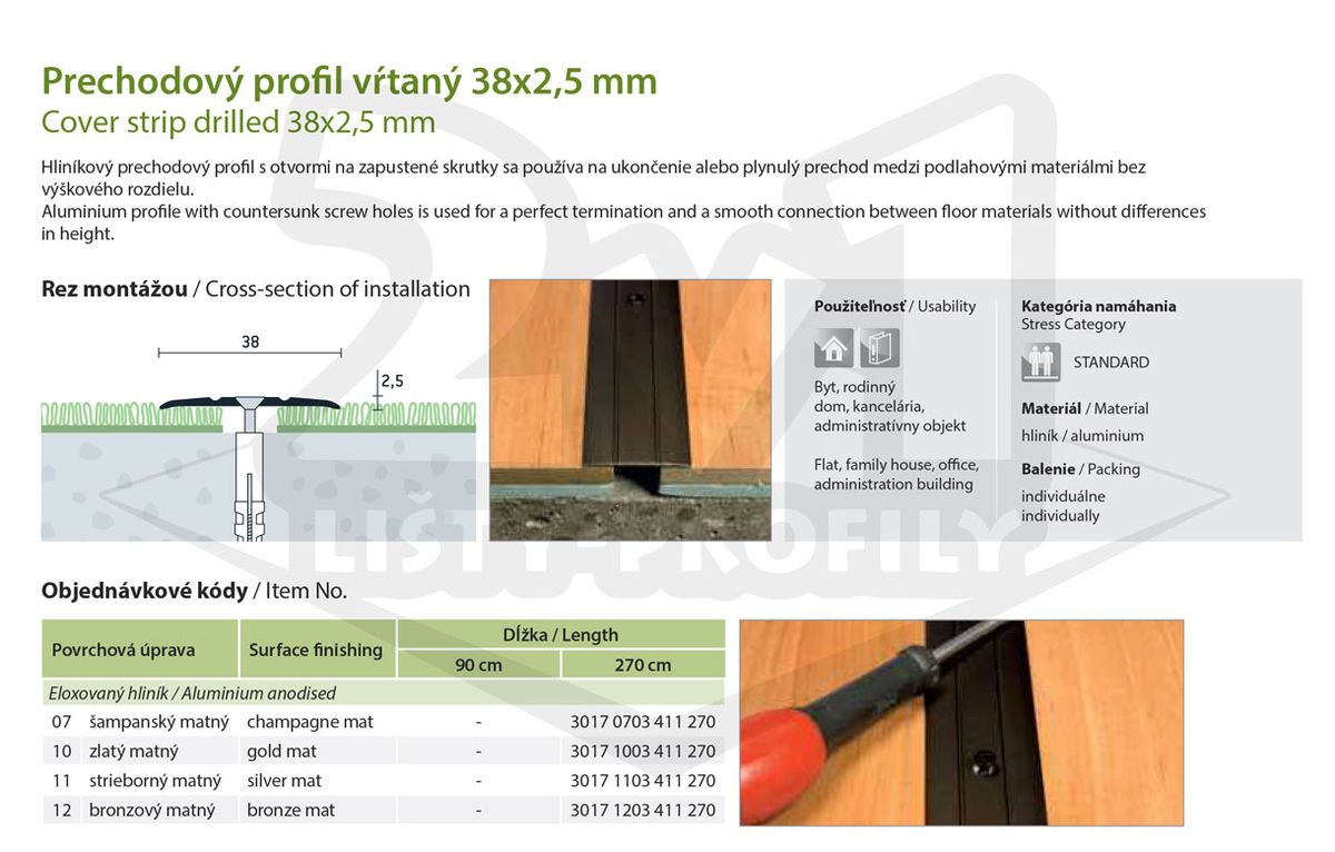 Technický výkres Eurofinal 38x2,5 mm | Prechodový profil vŕtaný