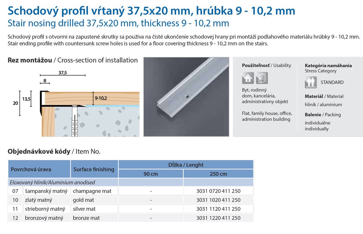 Technický výkres Eurofinal 37,5x20x9-10,2 mm | Schodový profil vŕtaný