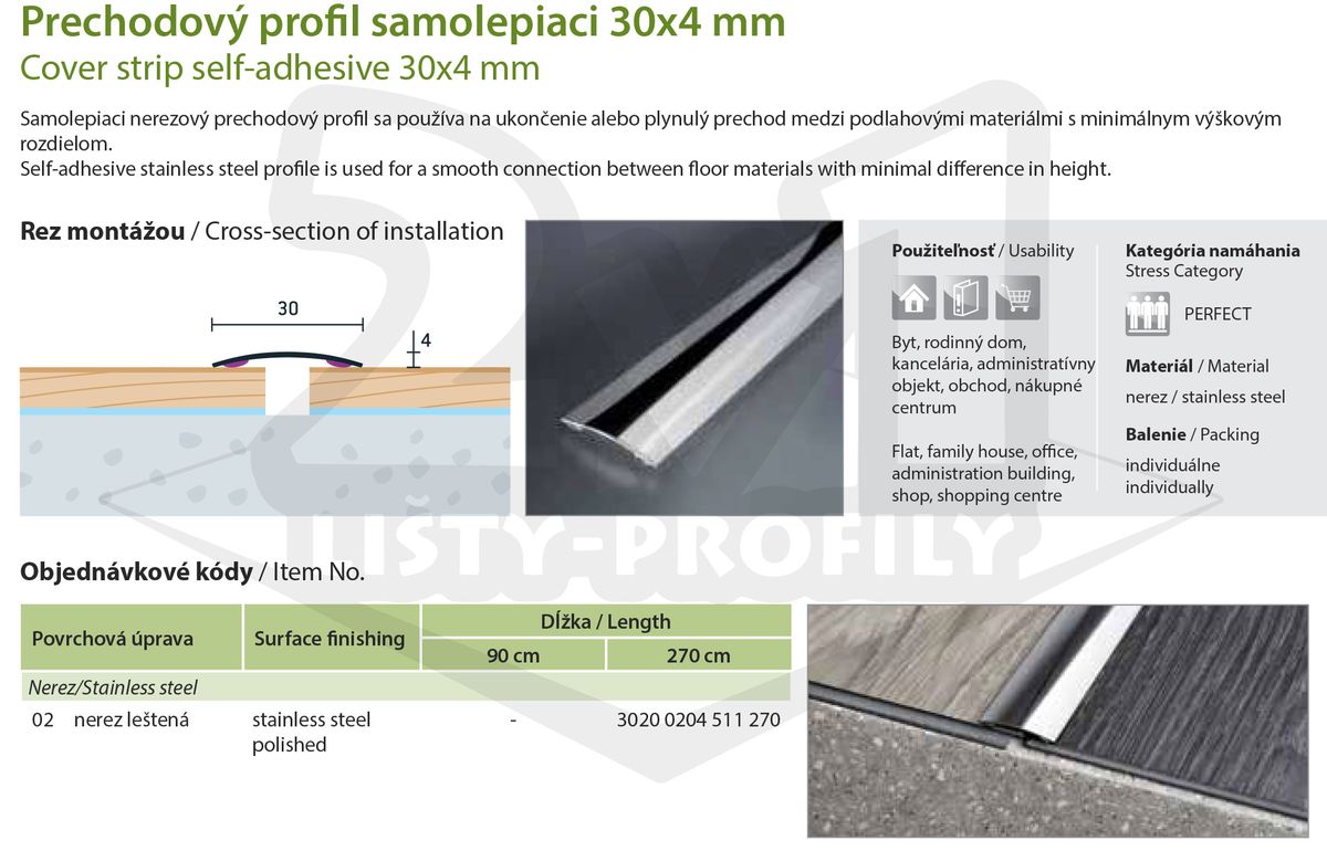 Technický výkres Eurofinal 30x4 mm | Prechodový profil samolepiaci - nerez leštená