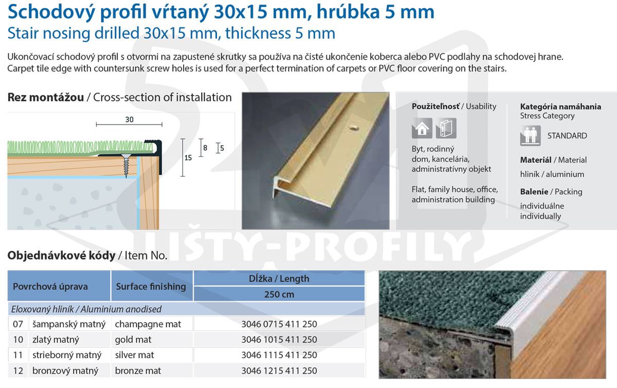 Technický výkres Eurofinal 30x15x5 mm | Schodový profil vŕtaný