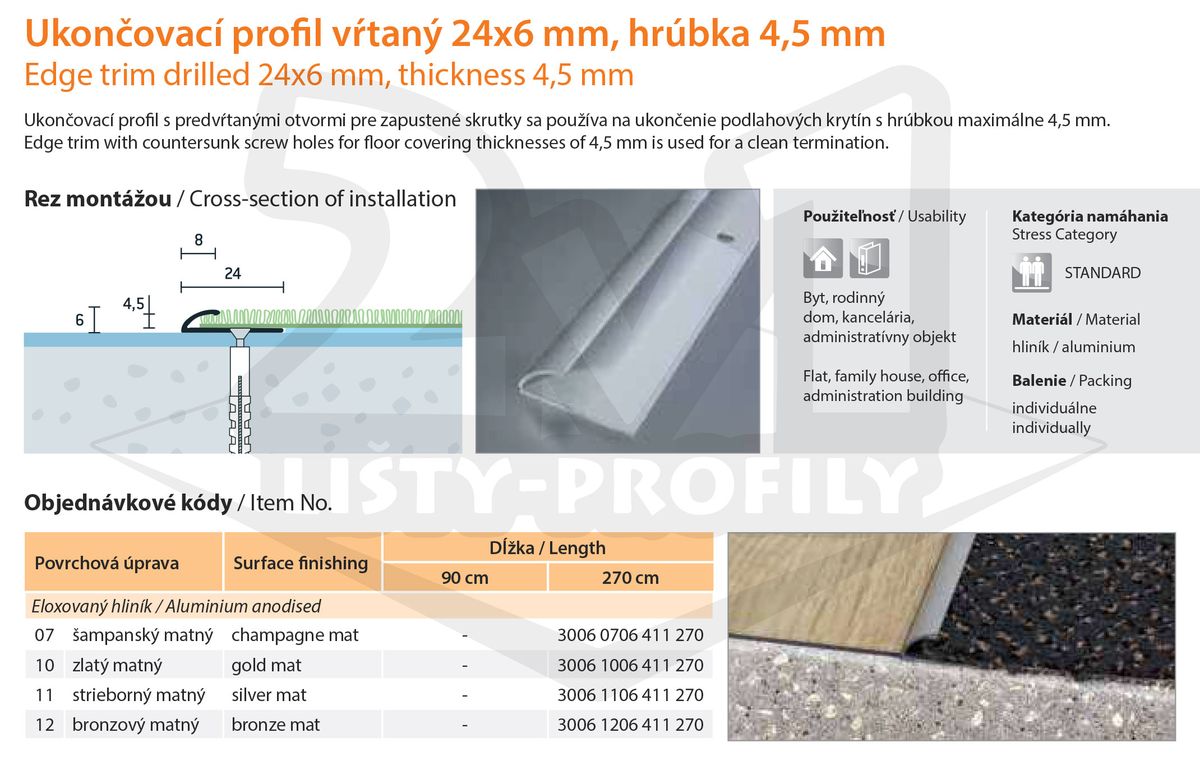 Technický výkres Eurofinal 24x6x4,5 mm | Ukončovací profil vŕtaný