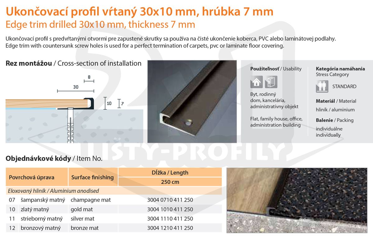 Technický výkres Eurofinal 30x10x7 mm | Ukončovací profil vŕtaný