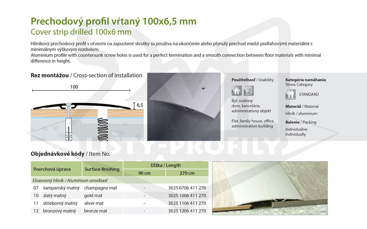 Technický výkres Eurofinal 100x6,5 mm | Prechodový profil vŕtaný