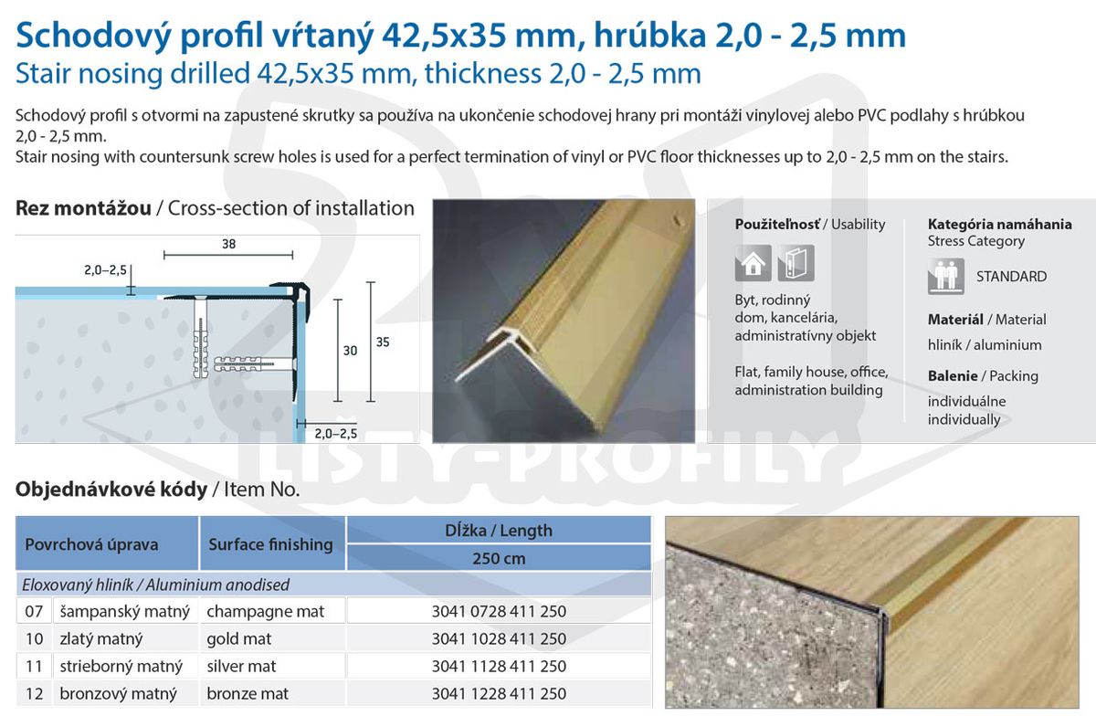 Technický výkres Eurofinal 42,5x35x2-2,5 mm | Schodový profil vŕtaný