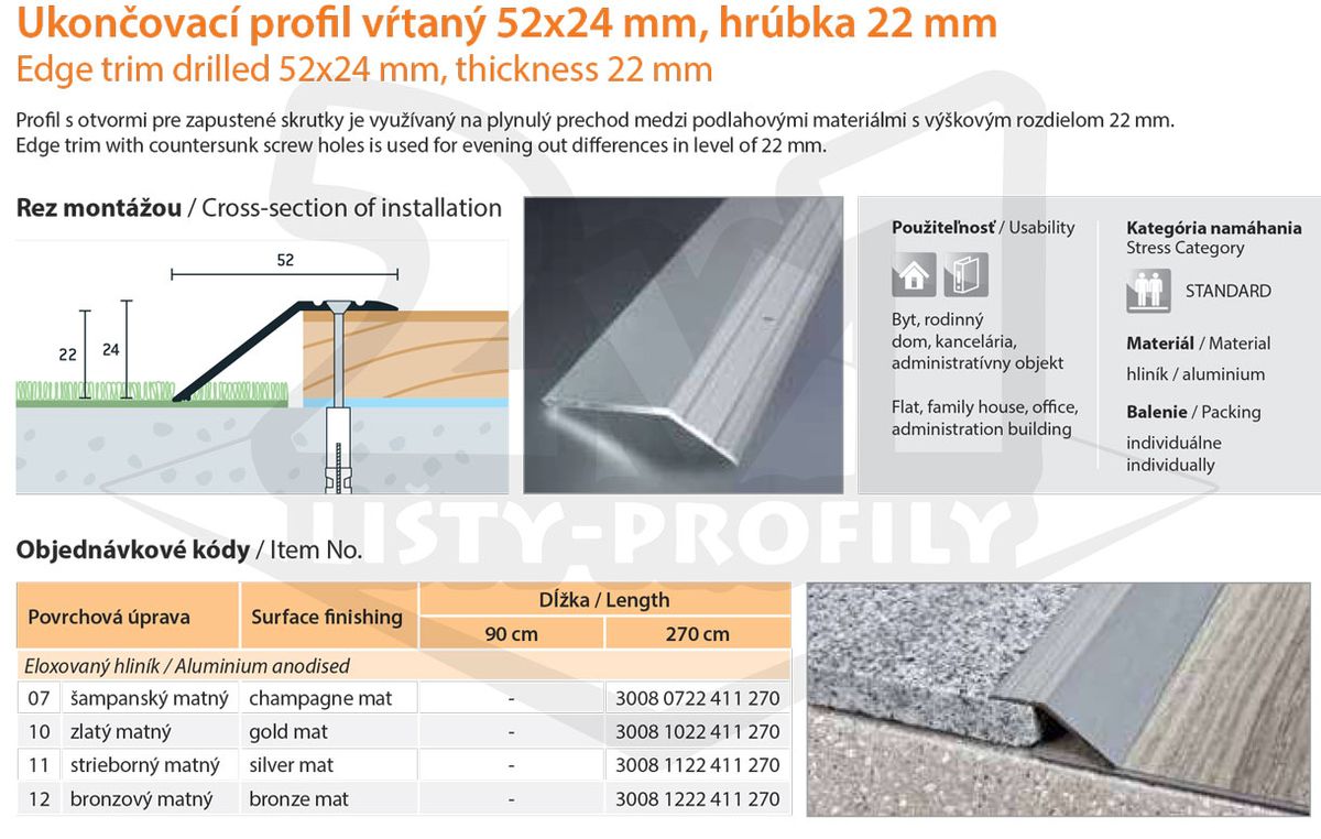 Technický výkres Eurofinal 52x24x22 mm | Ukončovací profil vŕtaný