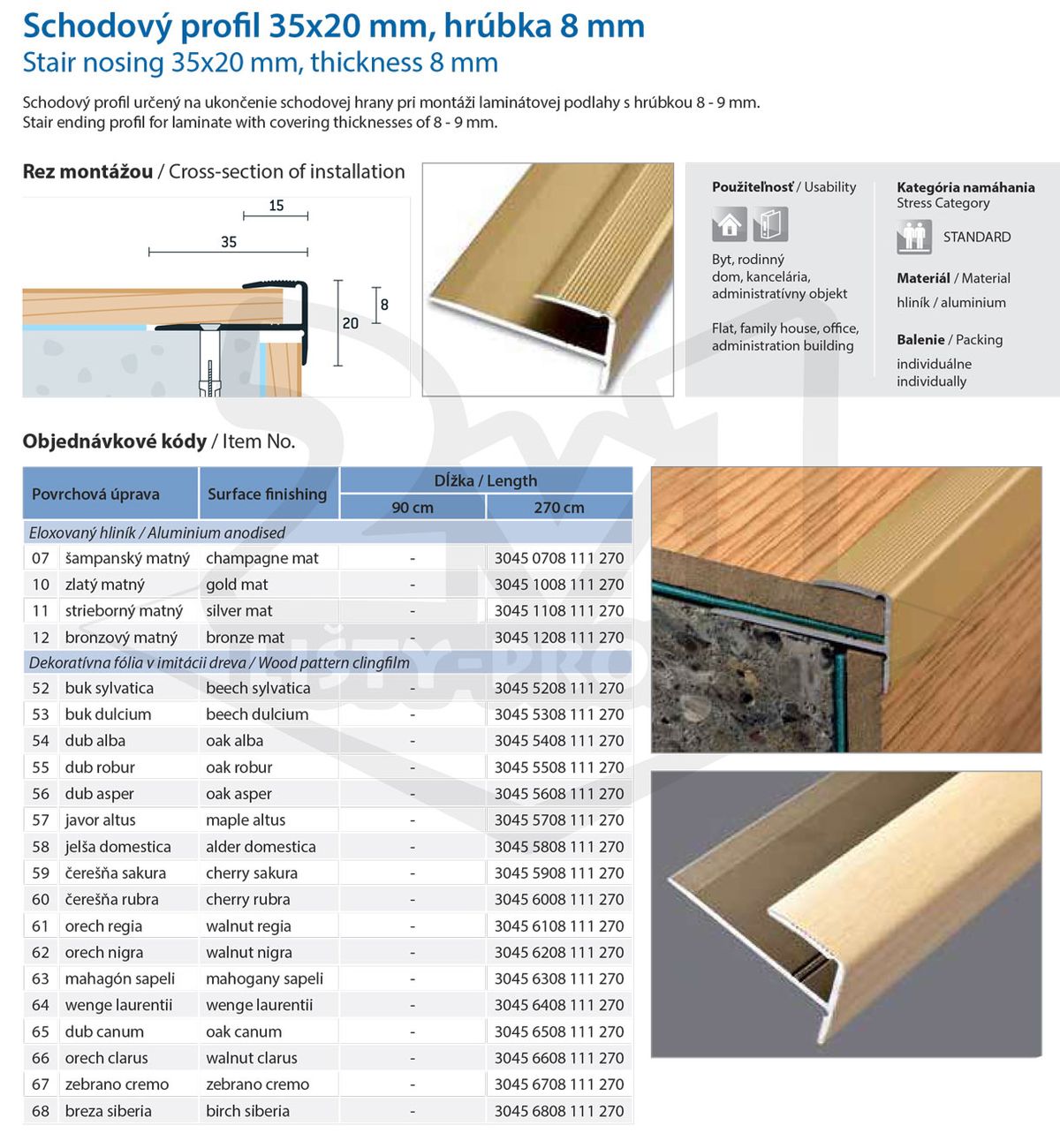 Technický výkres Eurofinal 35x20x8 mm | Schodový profil