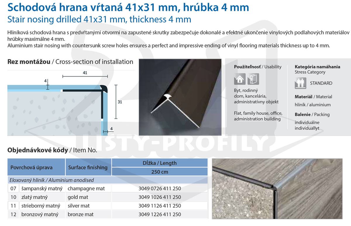 Technický výkres Eurofinal 41x31x4 mm | Schodová hrana vŕtaná