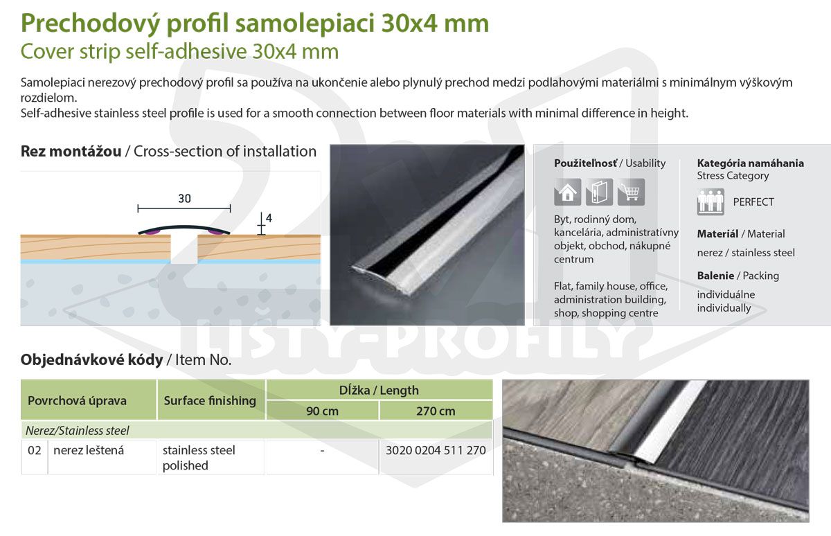 Technický výkres Eurofinal 30x4 mm | Prechodový profil samolepiaci - nerez brúsená