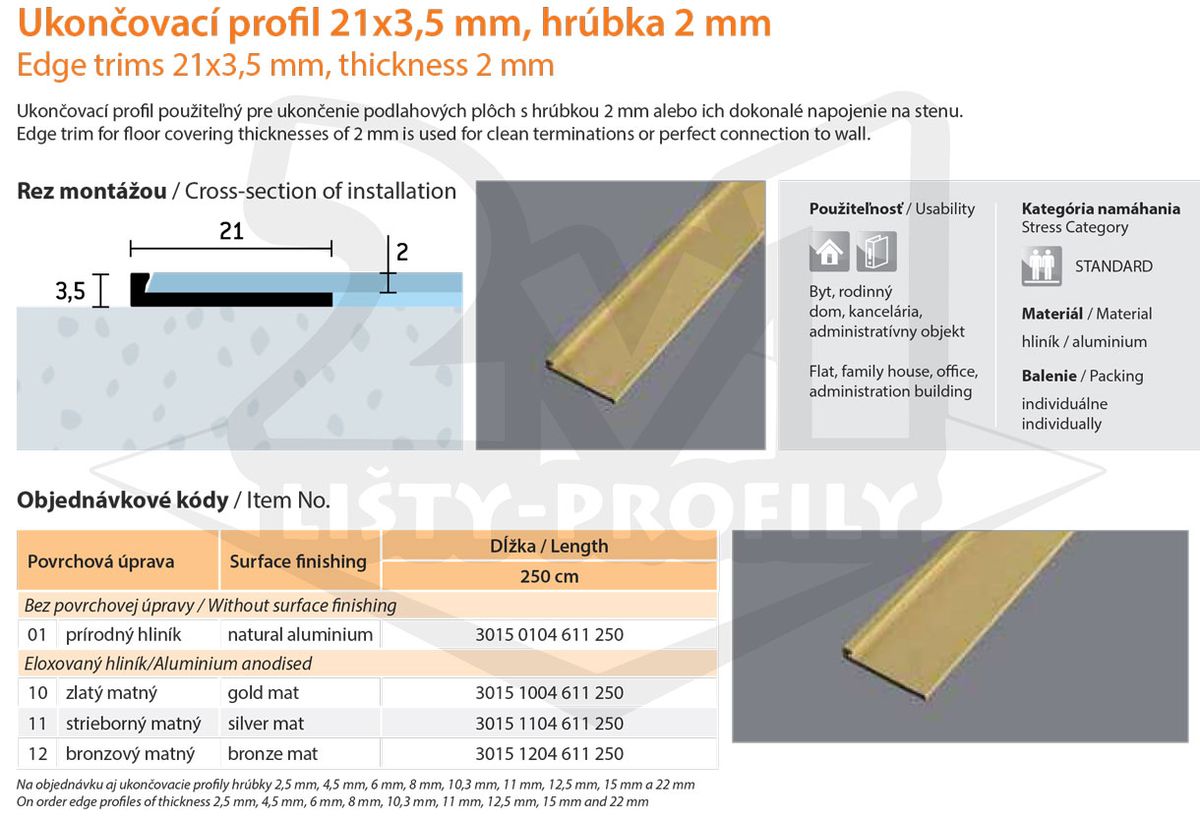 Technický výkres Eurofinal 21x3,5x2 mm | Ukončovací profil