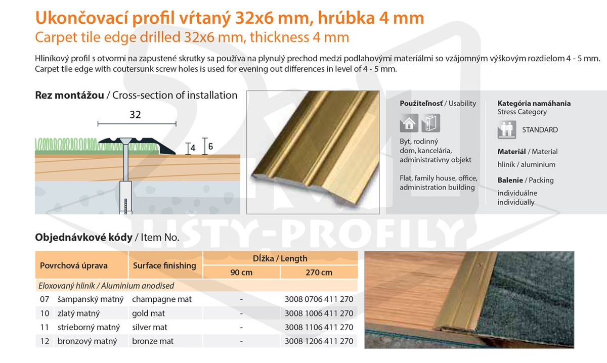 Technický výkres Eurofinal 32x6x4 mm | Ukončovací profil vŕtaný