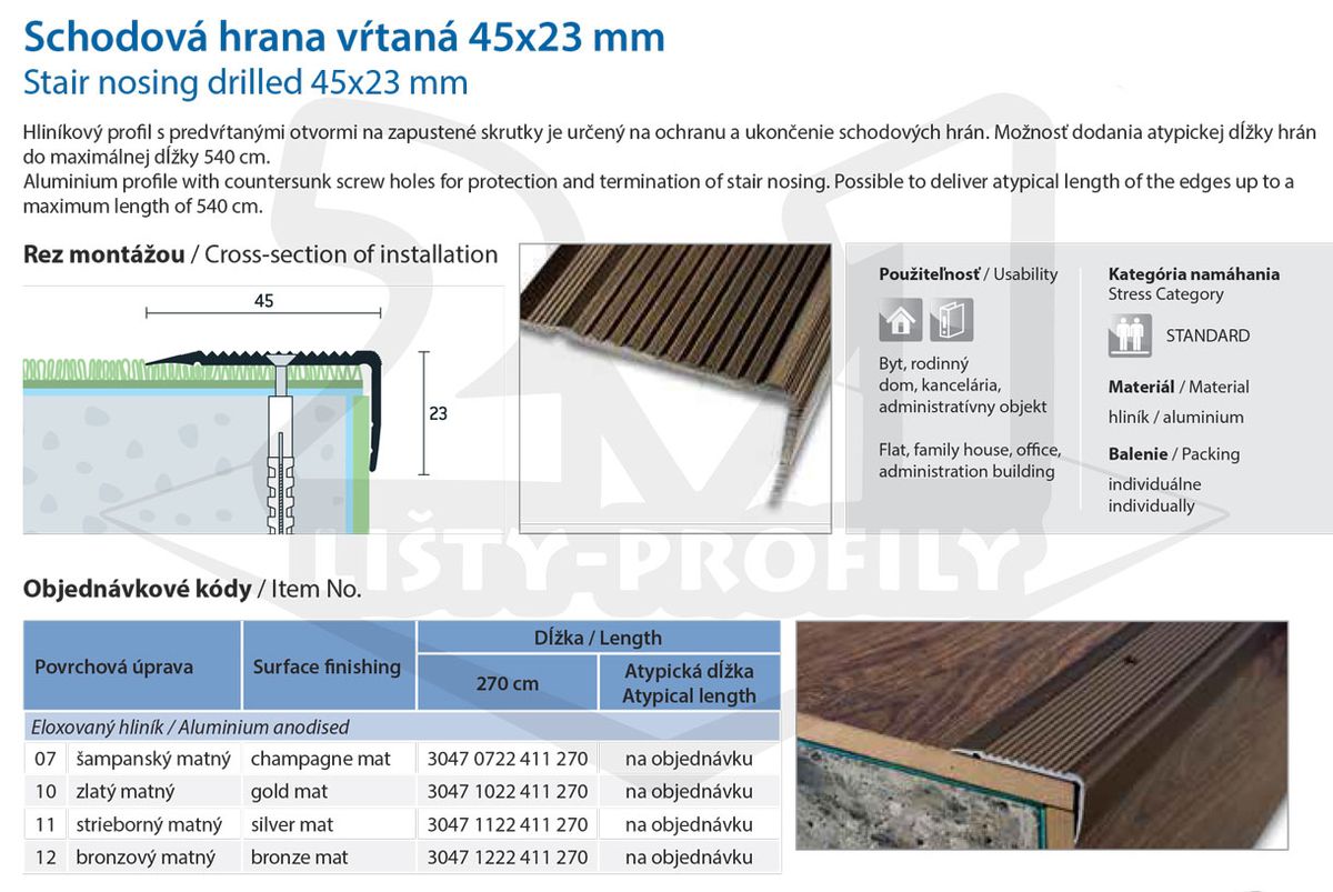 Technický výkres Eurofinal 45x23 mm | Schodová hrana vŕtaná