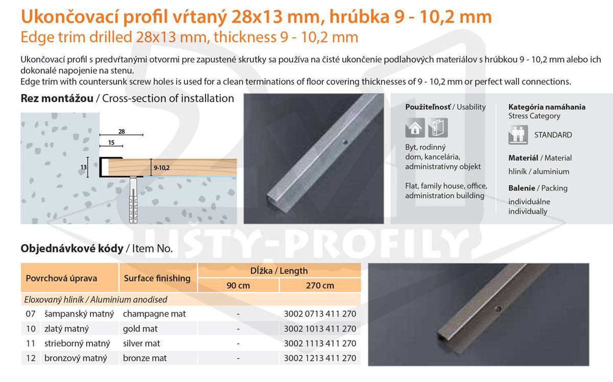 Technický výkres Eurofinal 28x13x9-10,2 mm | Ukončovací profil vŕtaný