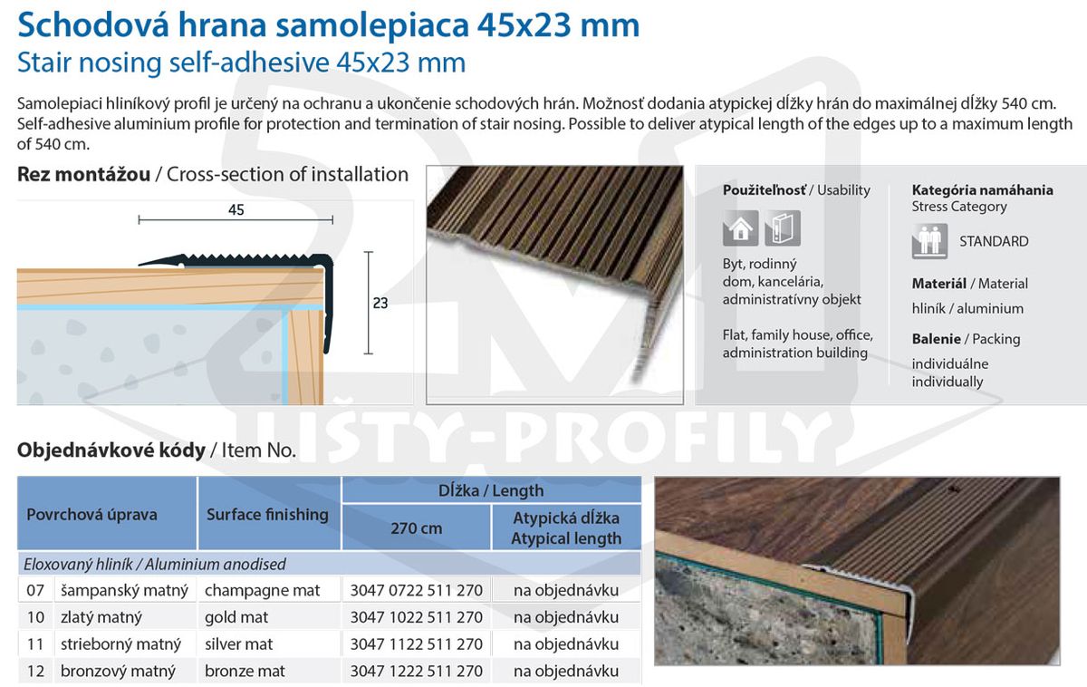 Technický výkres Eurofinal 45x23 mm | Schodová hrana samolepiaca